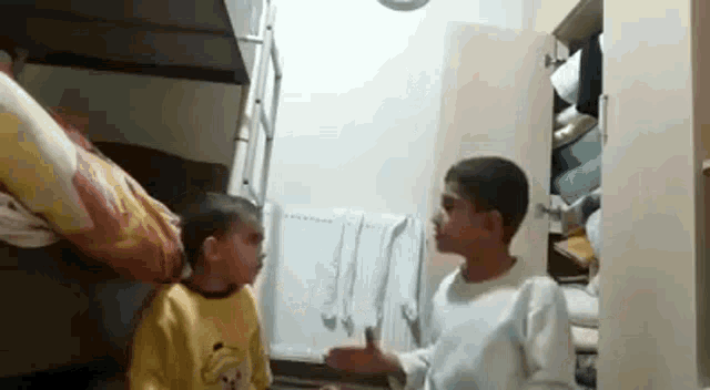 two young boys are standing next to each other in a room with a bunk bed .