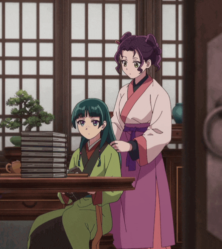 two anime characters are standing next to each other