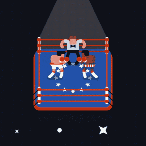 an illustration of two boxers in a boxing ring with a referee