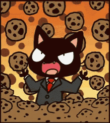 a cartoon of a cat in a suit and tie surrounded by cookies