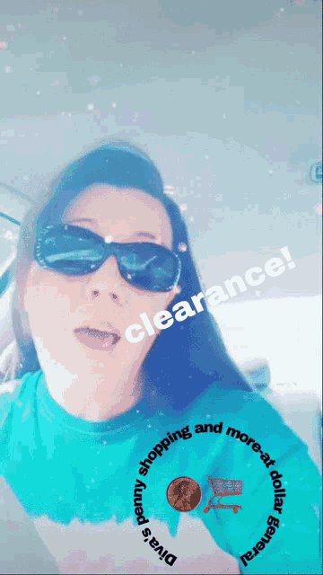 a woman wearing sunglasses and a shirt that says " clearance "