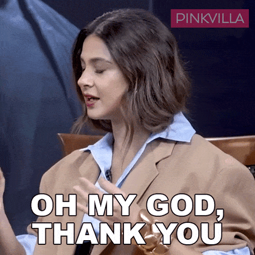 a woman says oh my god thank you with a pinkvilla logo in the background