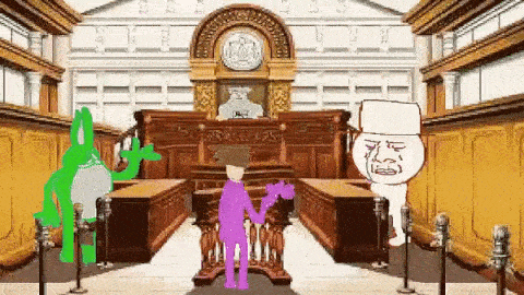 a group of cartoon characters are standing in a courtroom including a toilet