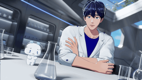 a man in a lab coat sits at a table