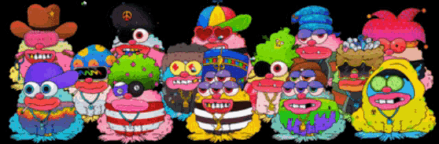 a group of cartoon characters with one wearing a hat with a peace sign