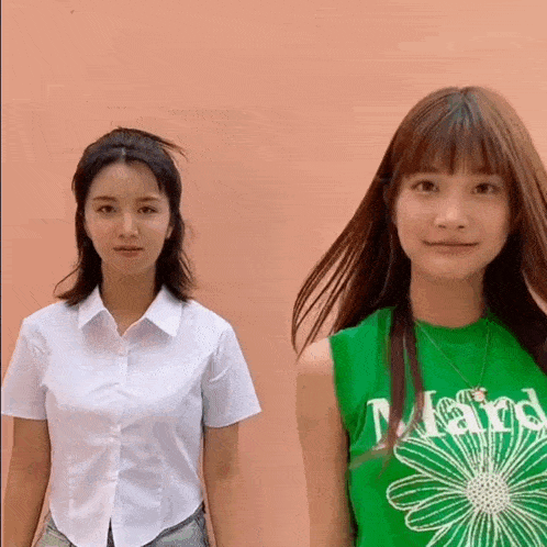 two young women are standing next to each other and one is wearing a green shirt with a daisy on it .
