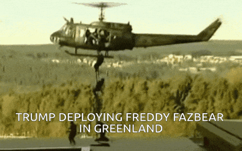 trump deploying freddy fazbear in greenland with a helicopter flying overhead