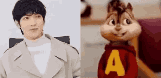 a man in a trench coat is standing next to a cartoon chipmunk wearing a red a shirt .
