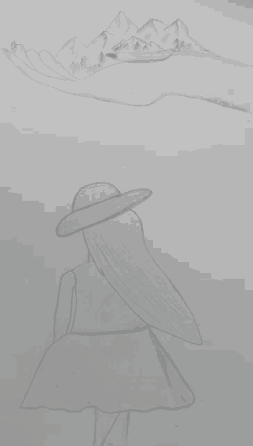 a drawing of a woman in a hat holding a mountain in her hand
