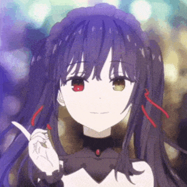 a close up of a girl with purple hair and red eyes giving a thumbs up .