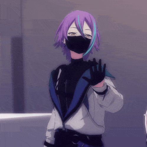 a person with purple hair and a white jacket is standing on a set of stairs