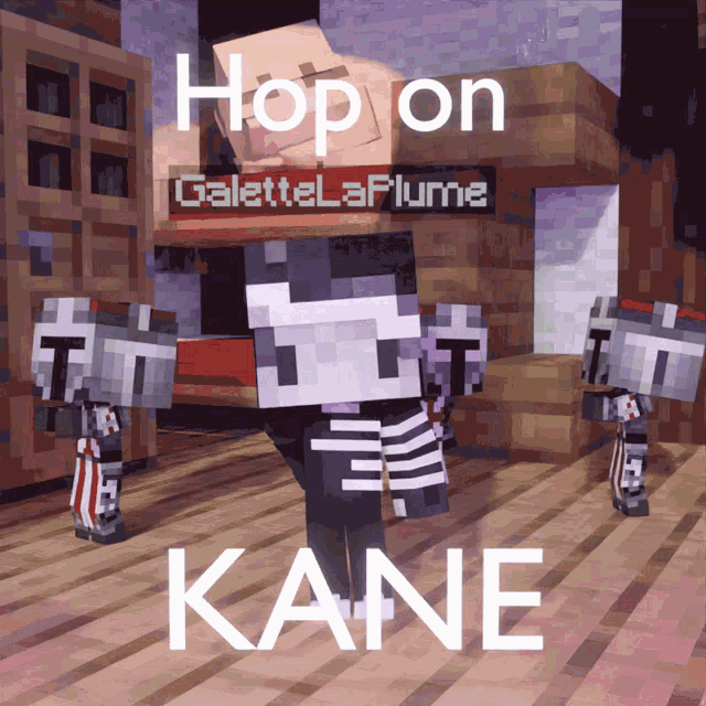 a picture of a minecraft character says " hop on kane "