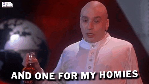 a bald man in a white shirt is holding a bottle of whiskey and says `` and one for my homies '' .