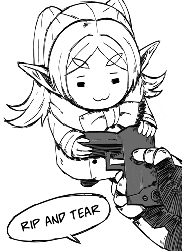a black and white drawing of a girl holding a gun with a speech bubble saying rip and tear