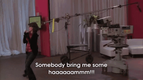 a woman says " somebody bring me some haaaamm !!! " in front of a camera