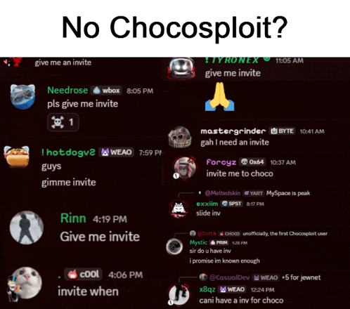 a screenshot of a chat with the words " no chocosploit "