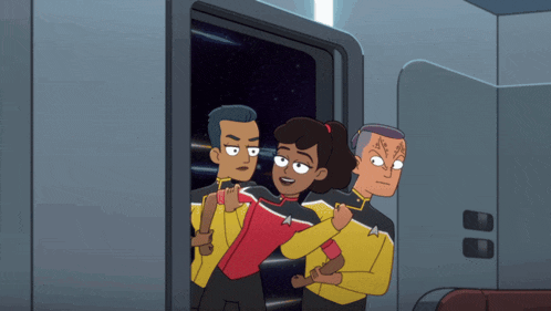 a group of cartoon characters standing next to each other with one wearing a star trek uniform