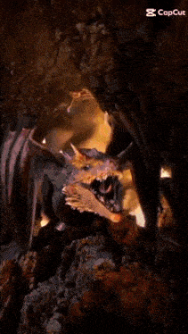 a dragon is coming out of a cave with a flame coming out of its mouth .