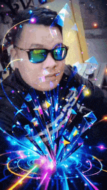 a man wearing sunglasses is surrounded by glowing lights