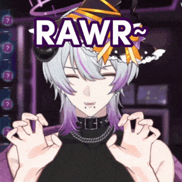 a cartoon character with purple hair and the word rawr written on it