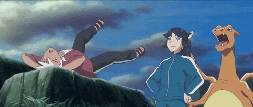a cartoon of a man laying on a rock next to a woman and a dragon