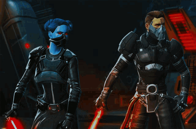 a man and a woman holding lightsabers in a dark room