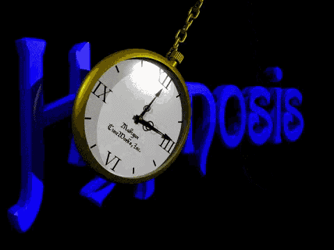 a hypnosis logo with a pocket watch in the background