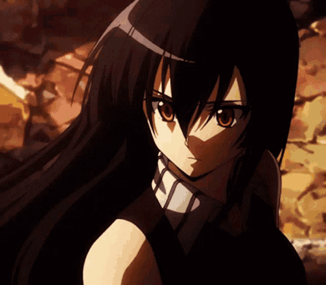 a girl with long black hair and red eyes