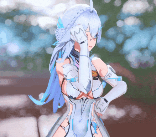 a drawing of a girl with white hair and gloves with the letter x on her arm