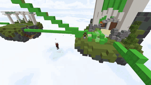 a screenshot of a minecraft game with a green staircase leading up to a building
