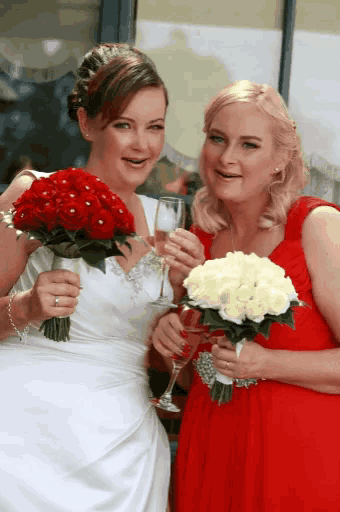 a bride and her bridesmaid are posing for a photo