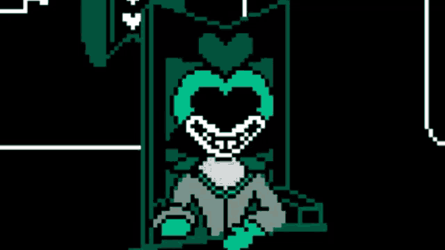 a pixel art of a joker sitting in a chair with a heart on his head .