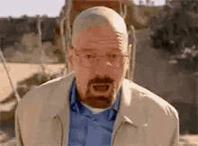 a man with a beard and glasses is making a funny face while wearing a jacket and a blue shirt .