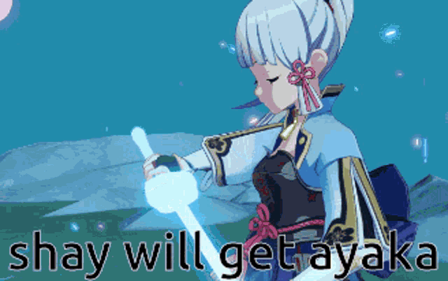a picture of a girl holding a sword with the words shay will get ayaka below her