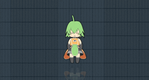 a cartoon character with green hair and a leaf on her head