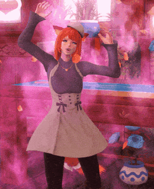 a girl with red hair and a white hat is dancing in a room