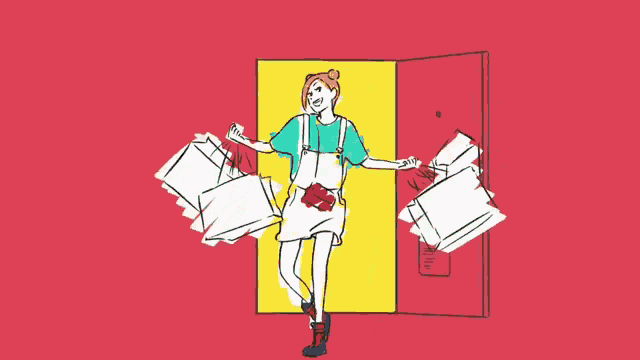 a drawing of a girl in overalls standing in front of a red wall