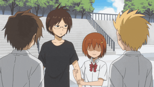 a group of anime characters are standing next to each other including a girl with red hair