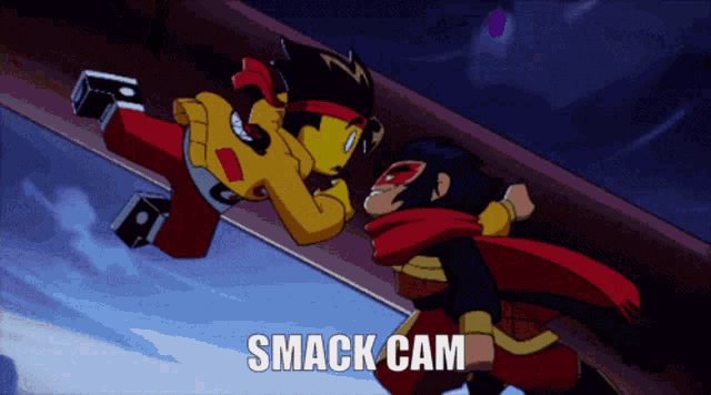 two cartoon characters are fighting and the words smack cam are on the bottom
