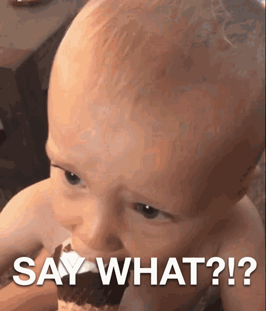 a baby eating an ice cream cone with the words say what written above it