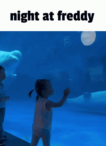 a little girl stands in front of an aquarium with the words night at freddy on the top