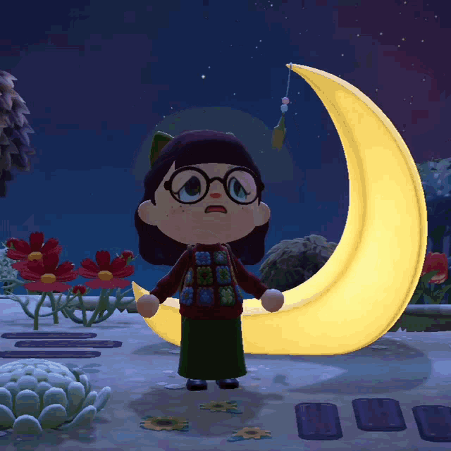 a cartoon character with glasses stands in front of a crescent moon