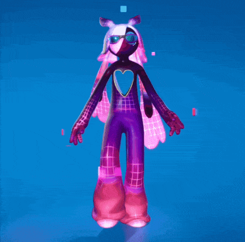 a purple and pink figure with a heart on her chest