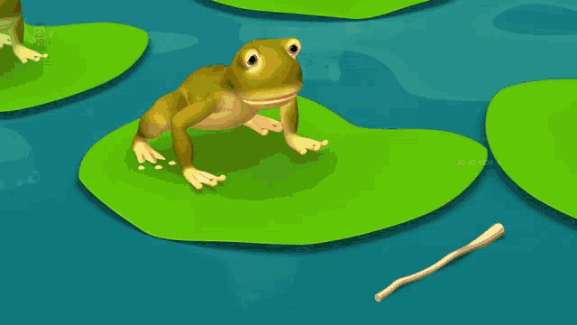 a frog is sitting on a green leaf in a pond