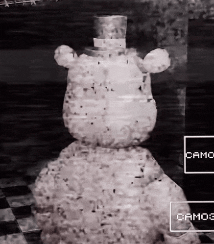 a black and white photo of a teddy bear with a top hat and a sign that says camo