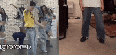 a man in a yellow shirt is dancing next to a group of people
