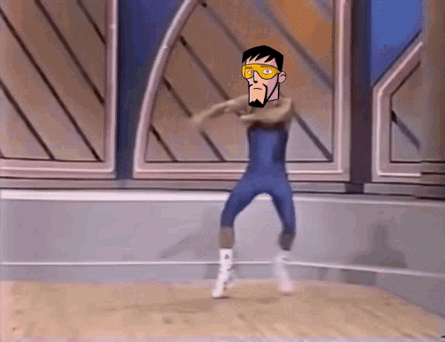 a cartoon character wearing a blue leotard and yellow goggles is jumping in the air