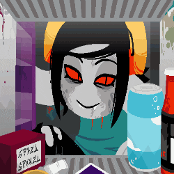 a pixel art drawing of a girl in a refrigerator with a box of pizza sauce