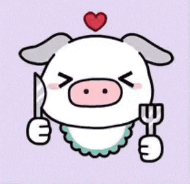 a pig is holding a knife and fork with a heart on its head .