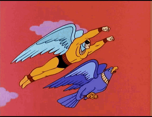 a cartoon of a man with wings and a blue bird